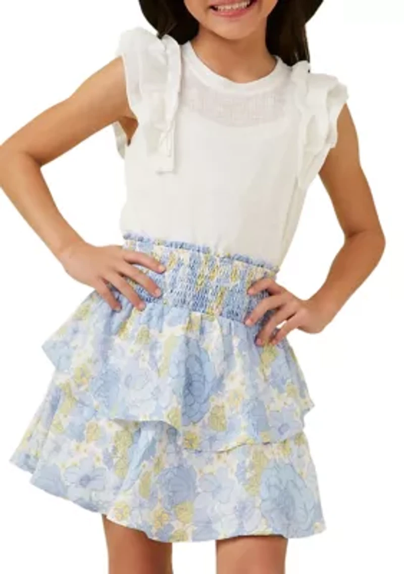 Girls 7-16 Textured Floral Smocked Layered Skirt