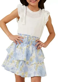 Girls 7-16 Textured Floral Smocked Layered Skirt