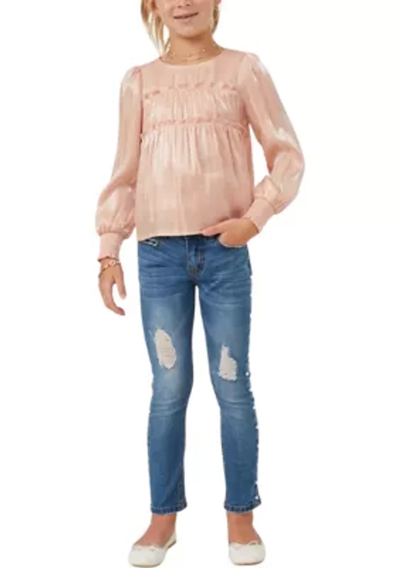 Girls 7-16 Iridescent Ruffled Smocked Cuff Top