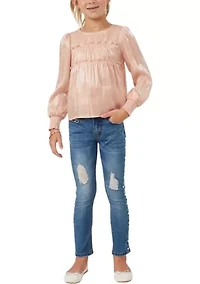 Girls 7-16 Iridescent Ruffled Smocked Cuff Top