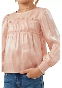Girls 7-16 Iridescent Ruffled Smocked Cuff Top