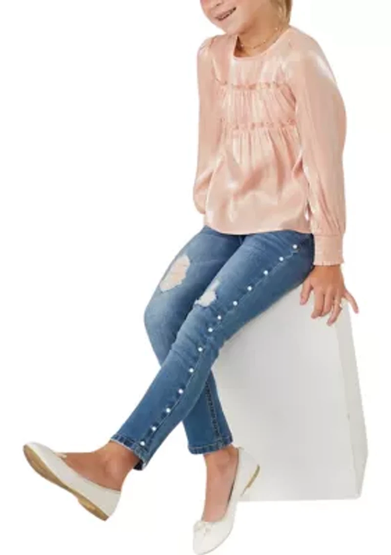 Girls 7-16 Iridescent Ruffled Smocked Cuff Top