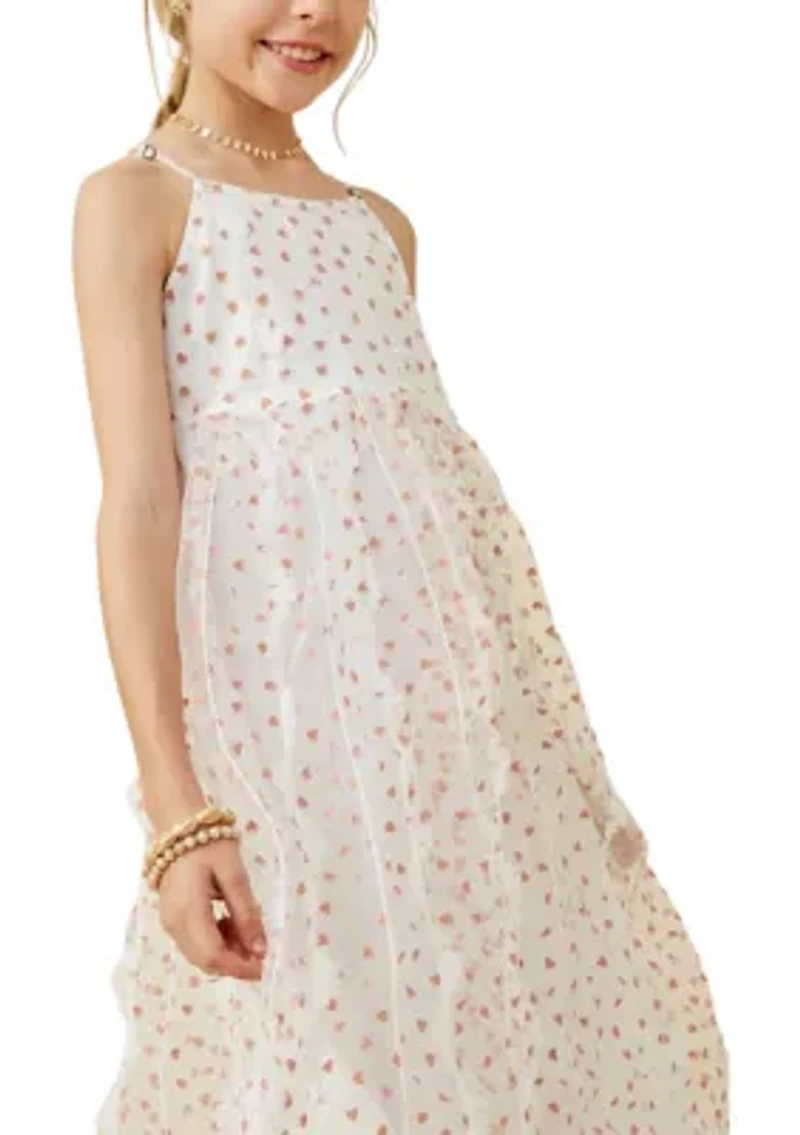 Girls 7-16 Flocked Heart Printed Ruffle Dress