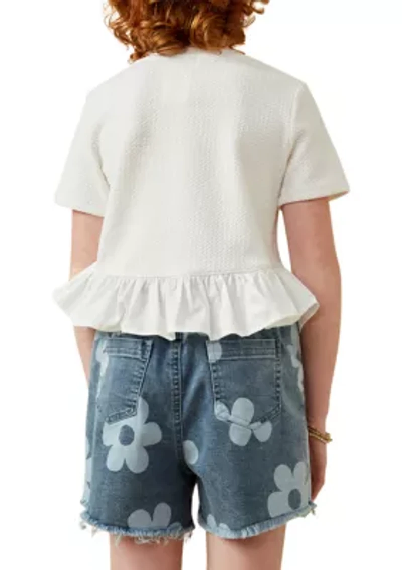 Girls 7-16 Mixed Media Poplin Knit Hem Top