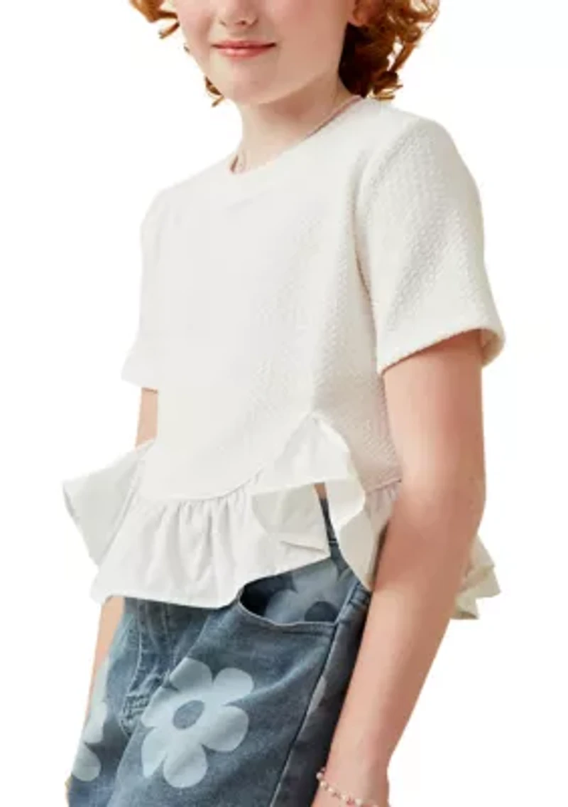 Girls 7-16 Mixed Media Poplin Knit Hem Top
