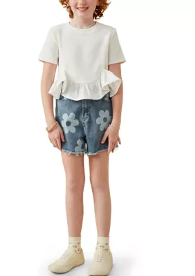 Girls 7-16 Mixed Media Poplin Knit Hem Top