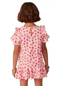 Girls 7-16 Heart Printed Ruffle Dress