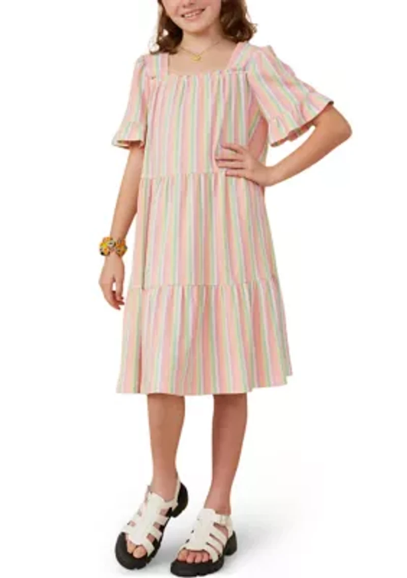 Girls 7-16 Textured Striped Tiered Dress