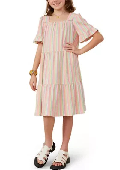 Girls 7-16 Textured Striped Tiered Dress