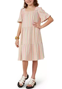 Girls 7-16 Textured Striped Tiered Dress