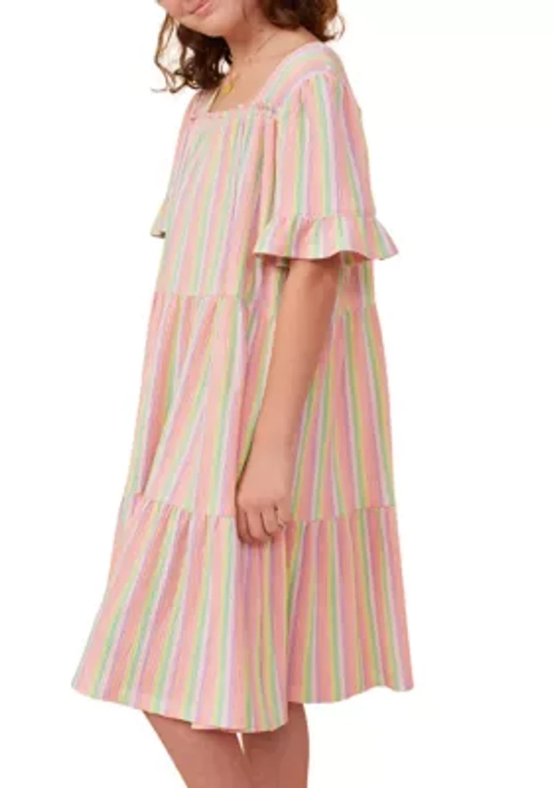 Girls 7-16 Textured Striped Tiered Dress