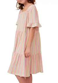Girls 7-16 Textured Striped Tiered Dress