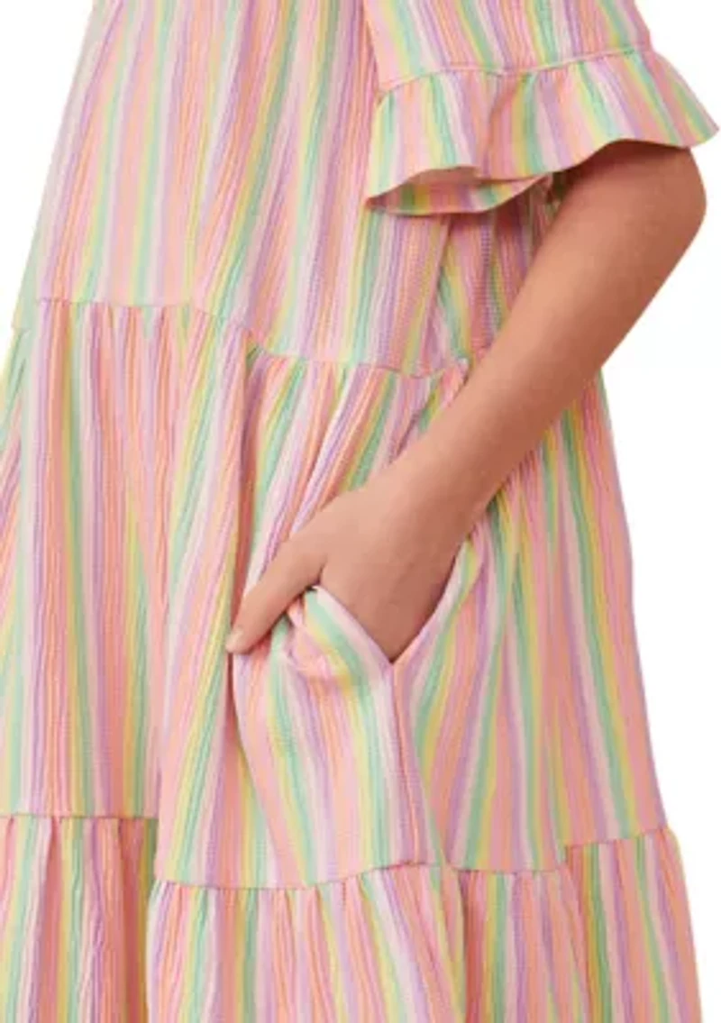 Girls 7-16 Textured Striped Tiered Dress