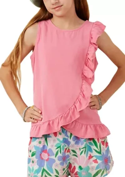 Girls 7-16 Washed Ruffle Crew Neck Top