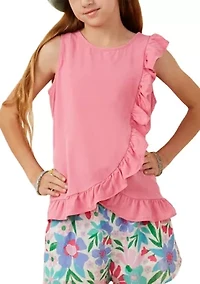 Girls 7-16 Washed Ruffle Crew Neck Top