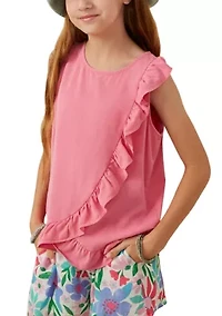 Girls 7-16 Washed Ruffle Crew Neck Top