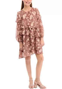 Girls 7-16 Long Sleeve Tiered Print Dress