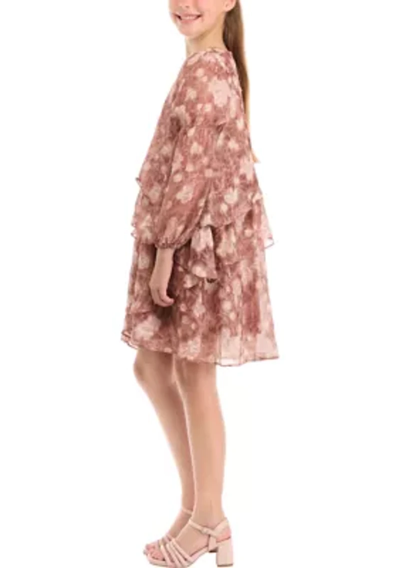 Girls 7-16 Long Sleeve Tiered Print Dress