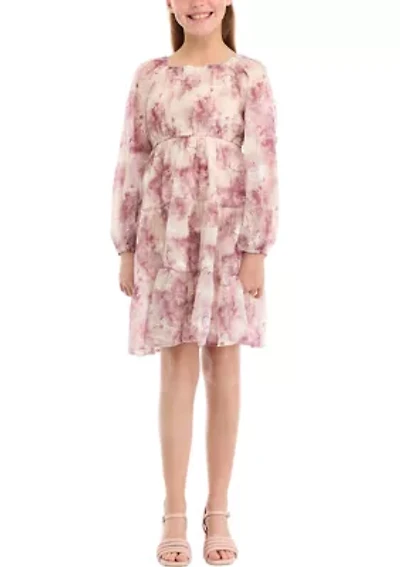 Girls 7-16 Organza Floral Long Sleeve Dress with Embroidery