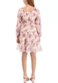 Girls 7-16 Organza Floral Long Sleeve Dress with Embroidery