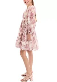 Girls 7-16 Organza Floral Long Sleeve Dress with Embroidery