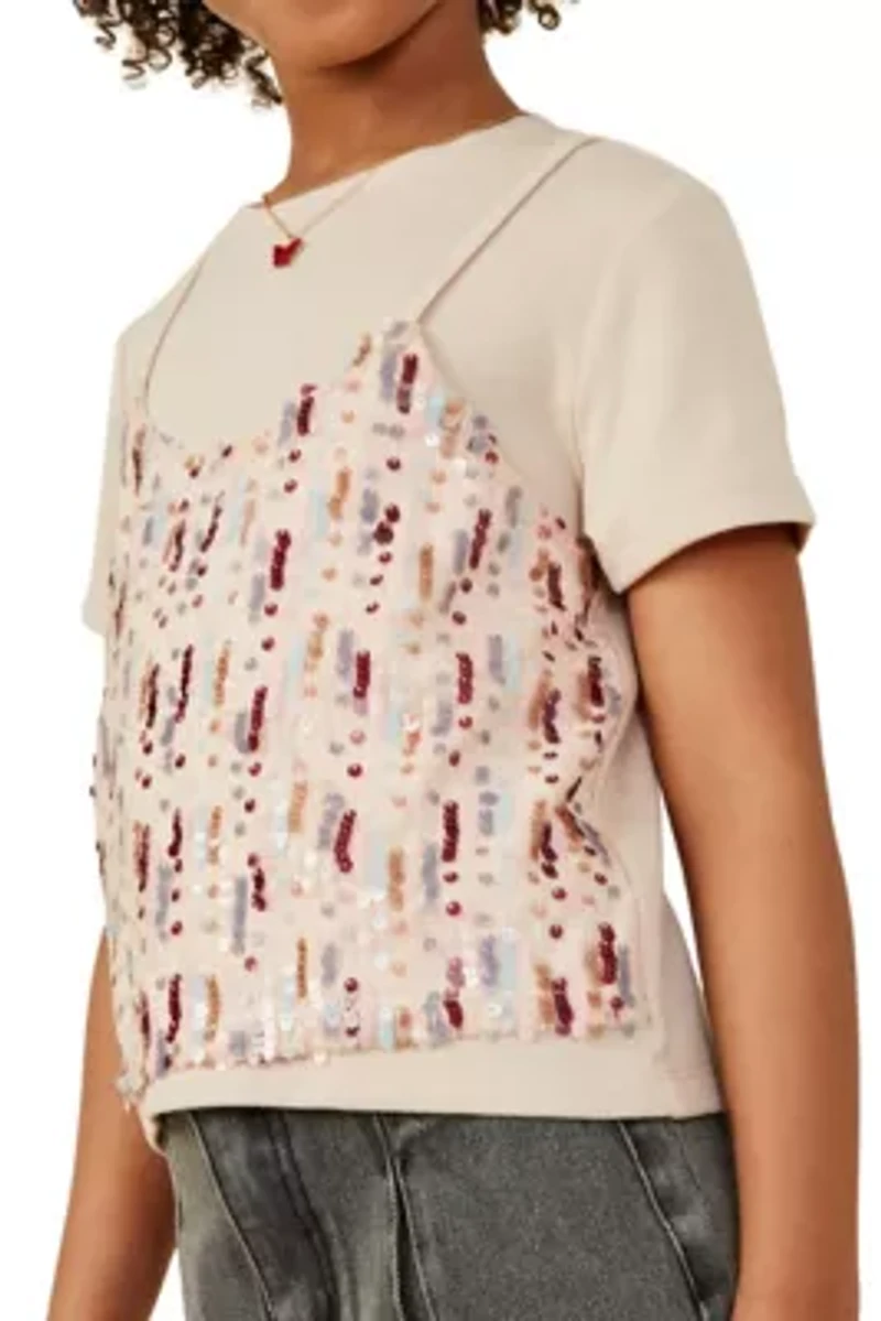 Girls 7-16 Sequin Paneled Twofer Tee