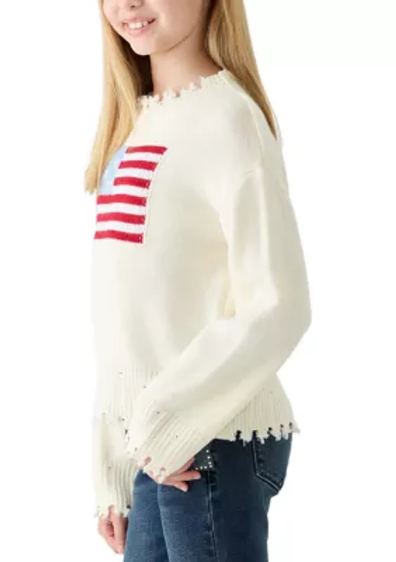 Girls 7-16 Distressed Old Glory Graphic Sweater