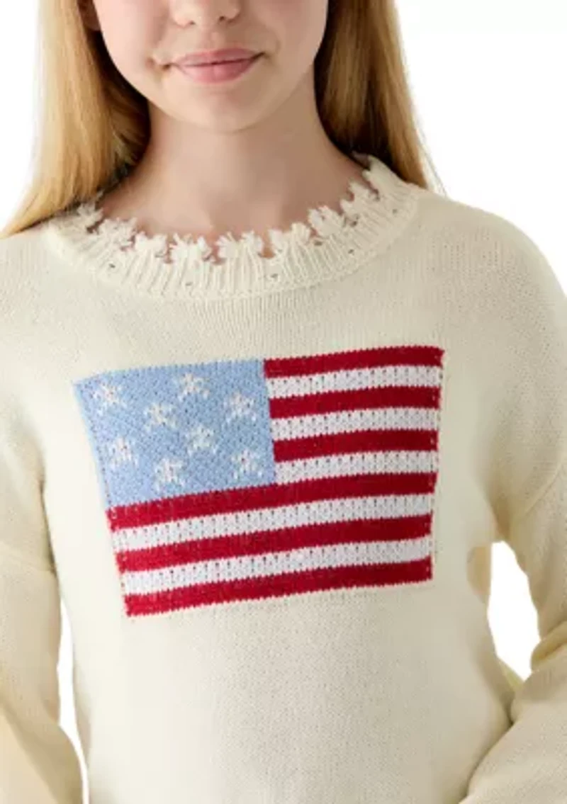 Girls 7-16 Distressed Old Glory Graphic Sweater