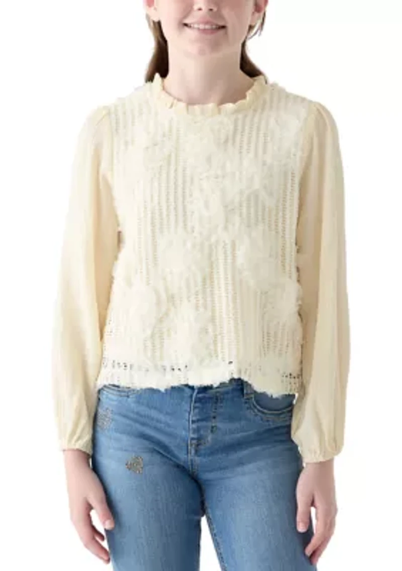 Girls 7-16 Floral Embroidered Texture Sweater