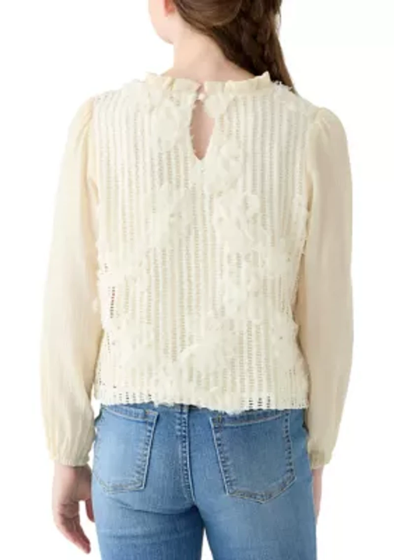 Girls 7-16 Floral Embroidered Texture Sweater