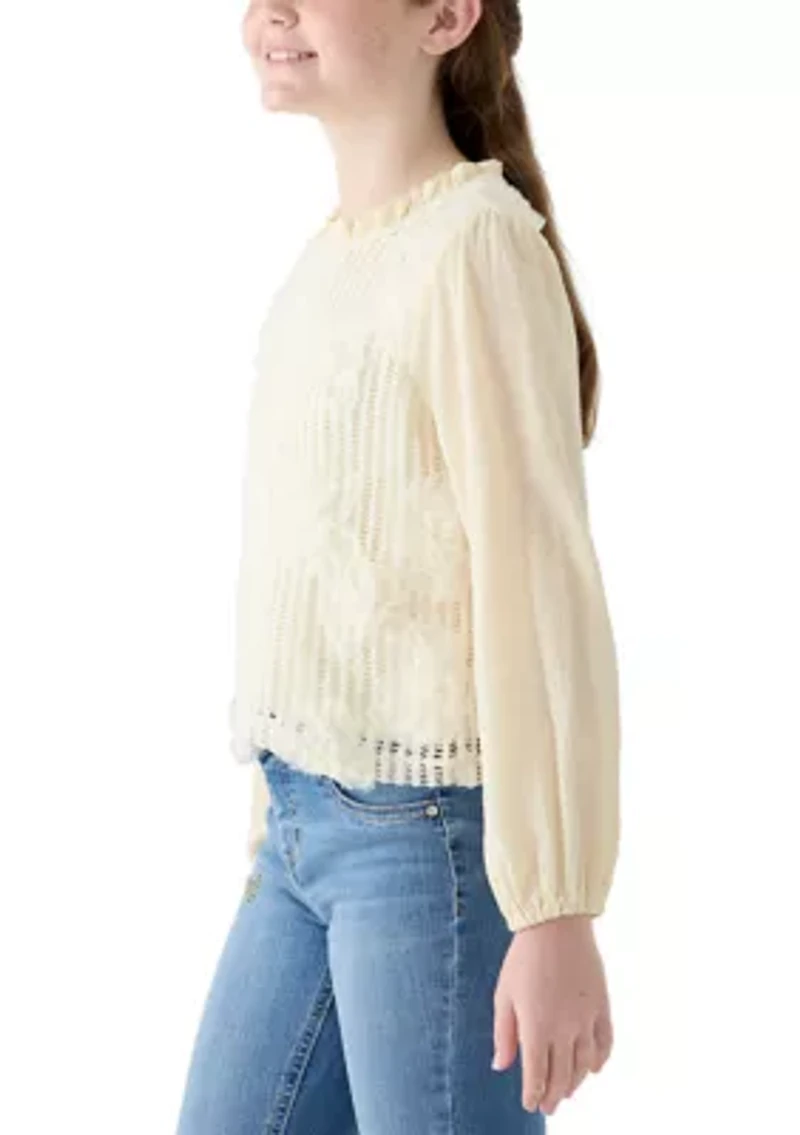 Girls 7-16 Floral Embroidered Texture Sweater