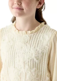 Girls 7-16 Floral Embroidered Texture Sweater