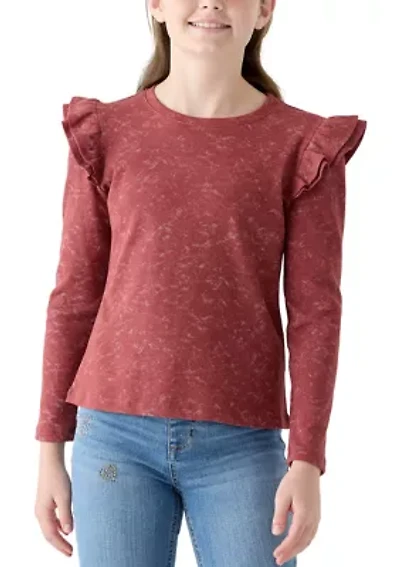 Girls 7-16 Washed Ruffled Knit Top