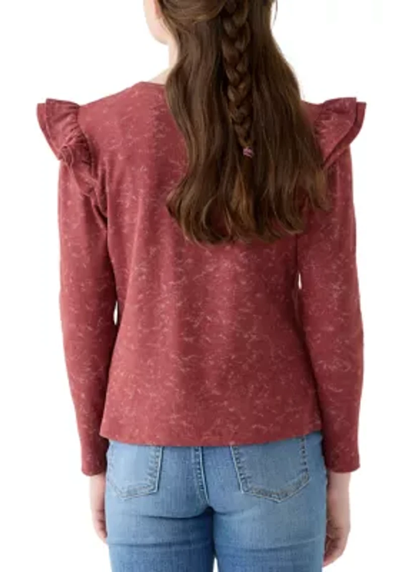 Girls 7-16 Washed Ruffled Knit Top
