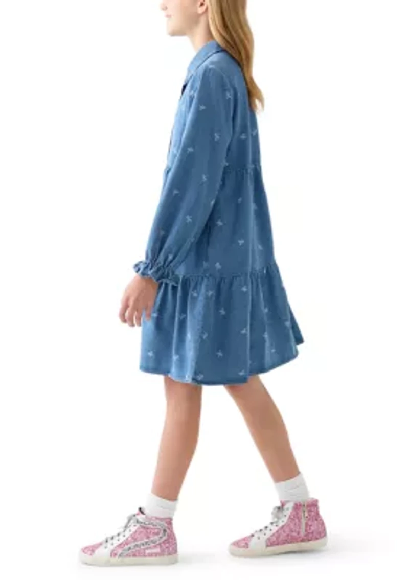Girls 7-16 Bow Print Denim Dress