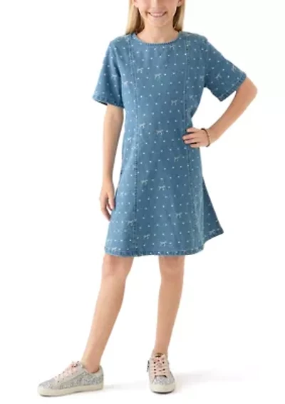 Girls 7-16 Polka Dot and Bow Printed Denim Dress