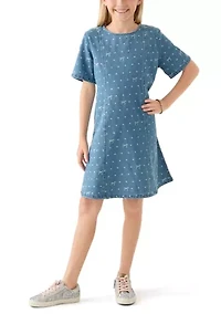 Girls 7-16 Polka Dot and Bow Printed Denim Dress