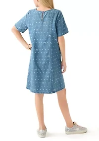 Girls 7-16 Polka Dot and Bow Printed Denim Dress