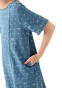 Girls 7-16 Polka Dot and Bow Printed Denim Dress