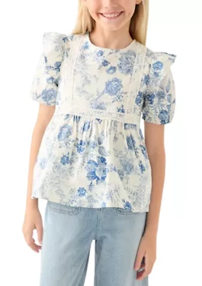Girls 7-16 Antique Floral Printed Lace Trim Top