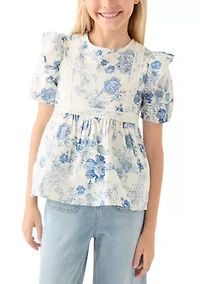 Girls 7-16 Antique Floral Printed Lace Trim Top