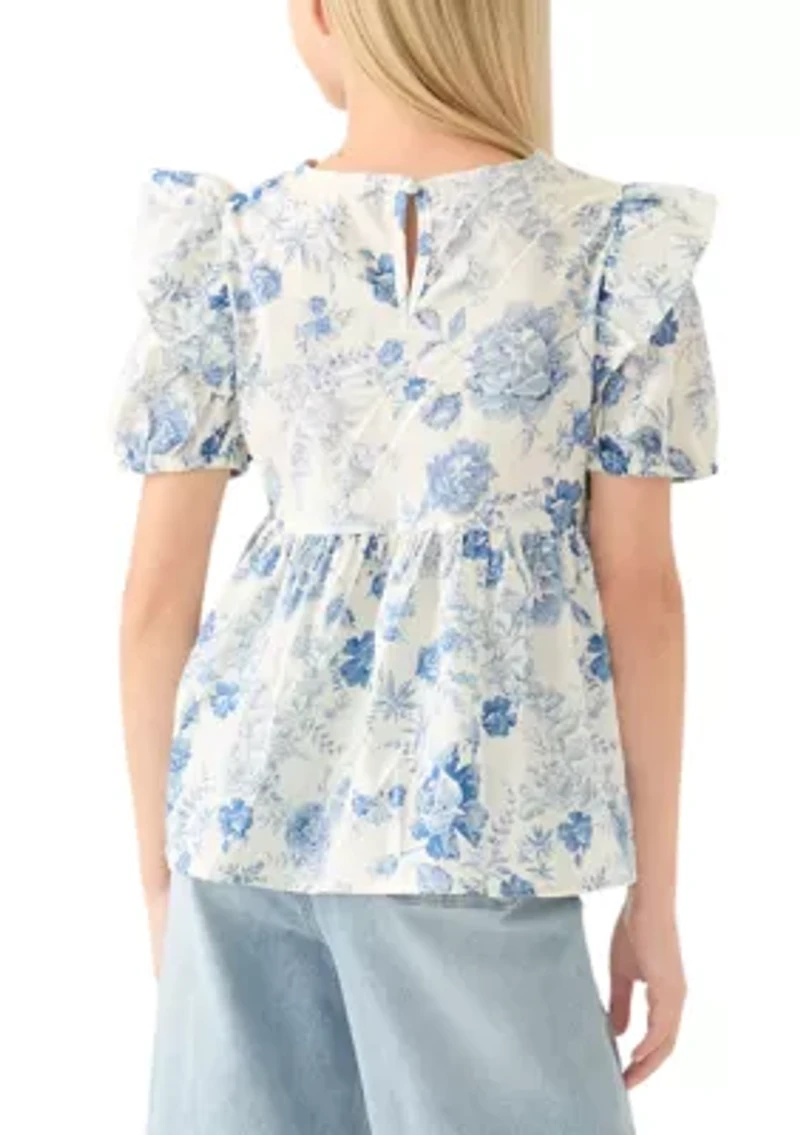 Girls 7-16 Antique Floral Printed Lace Trim Top