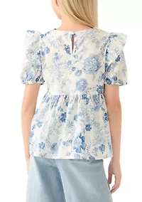 Girls 7-16 Antique Floral Printed Lace Trim Top