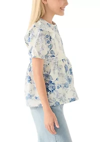 Girls 7-16 Antique Floral Printed Lace Trim Top