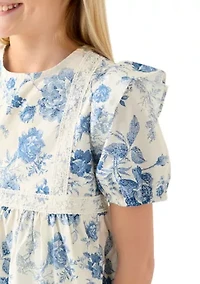 Girls 7-16 Antique Floral Printed Lace Trim Top