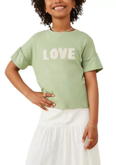 Girls 7-16 Love Verbiage Patch Raw Edge Top