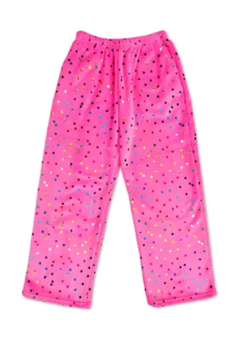 Girls 7-16 Bright Pink Foil Hearts Plush Pants