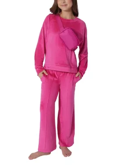 Girls 7-16 Velour Crew Neck and Joggers Set with Bag