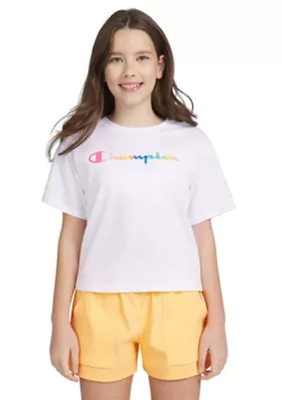 Girls 7-16 Short Sleeve Rainbow Script Meet and Greet Graphic T-Shirt
