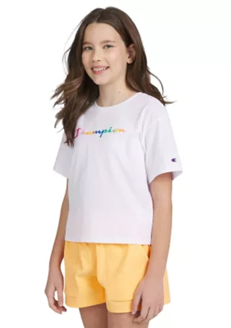 Girls 7-16 Short Sleeve Rainbow Script Meet and Greet Graphic T-Shirt